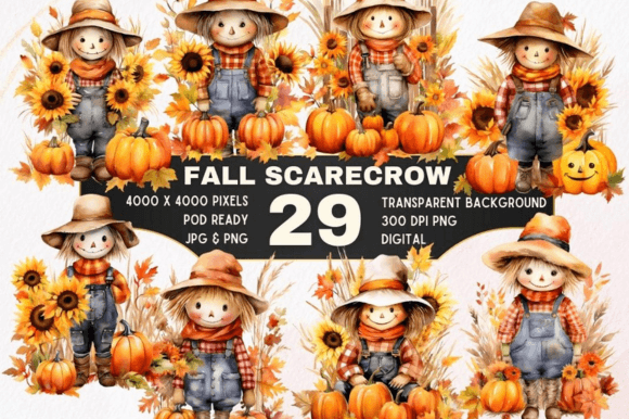 Download 29 Fall Scarecrow Watercolor Clipart Set - Scarecrow watercolor clipart Collection